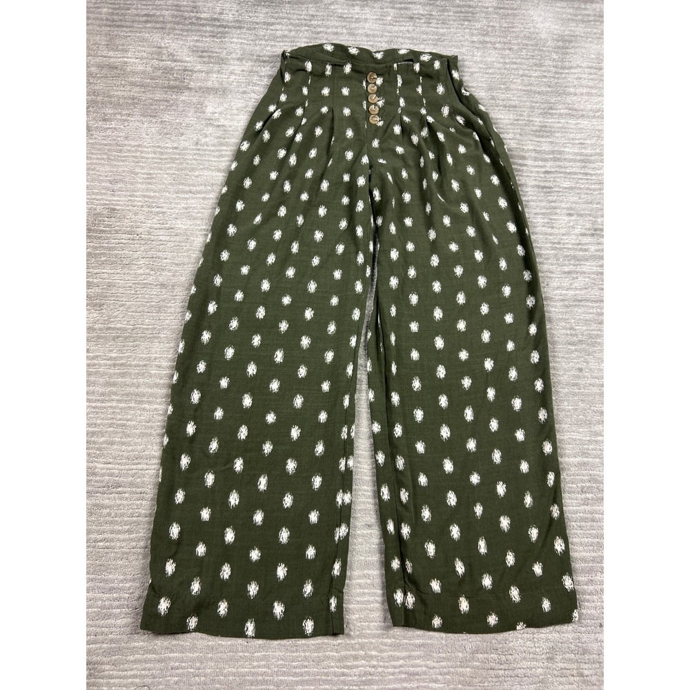C. Est. 1946 Wide Leg Pants Womens 4 Olive Green Ikat Polka Dot High Rise Button
